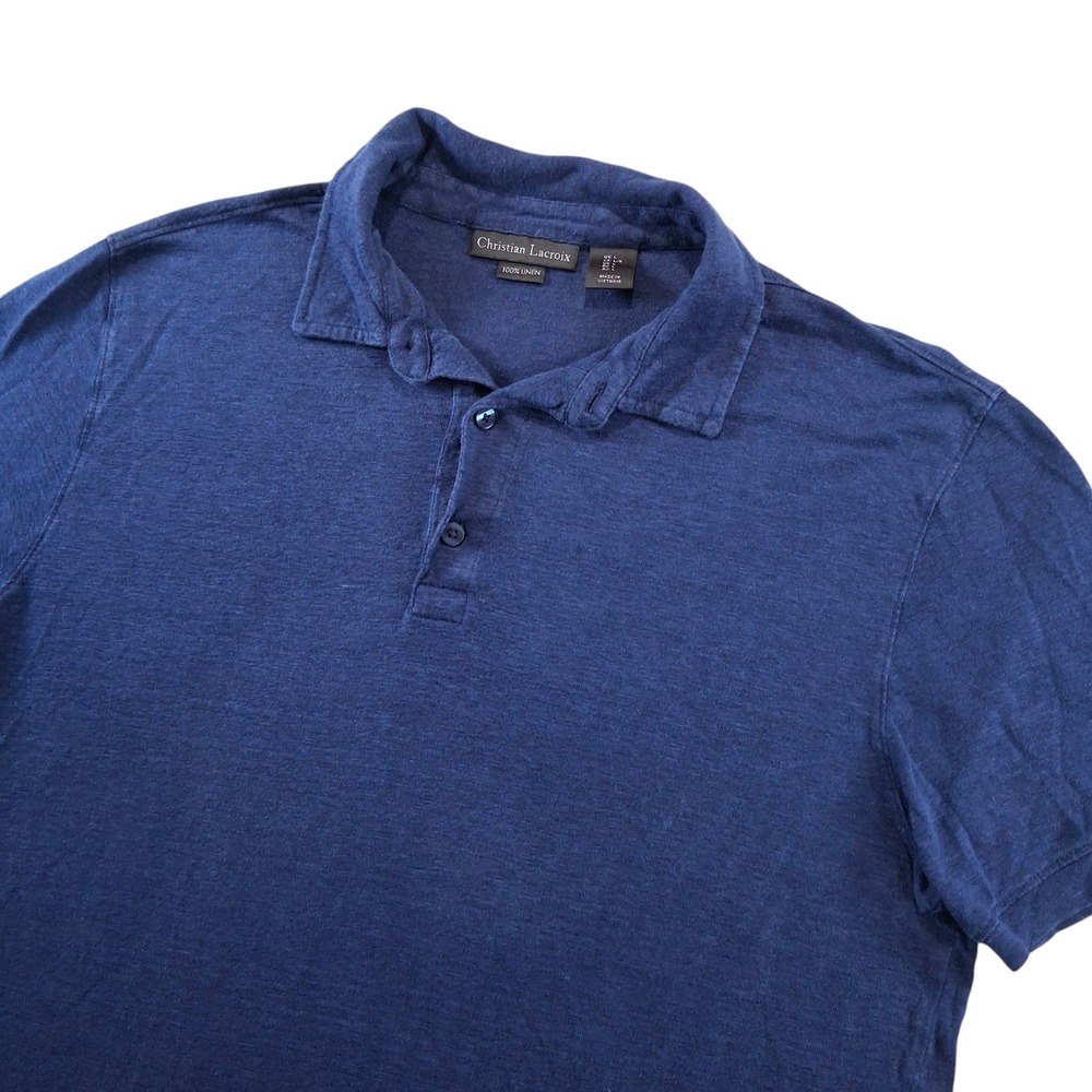 Christian Lacroix Polo Shirt L Slim (Fits Small) Blue 100% Linen Casual Luxury‎